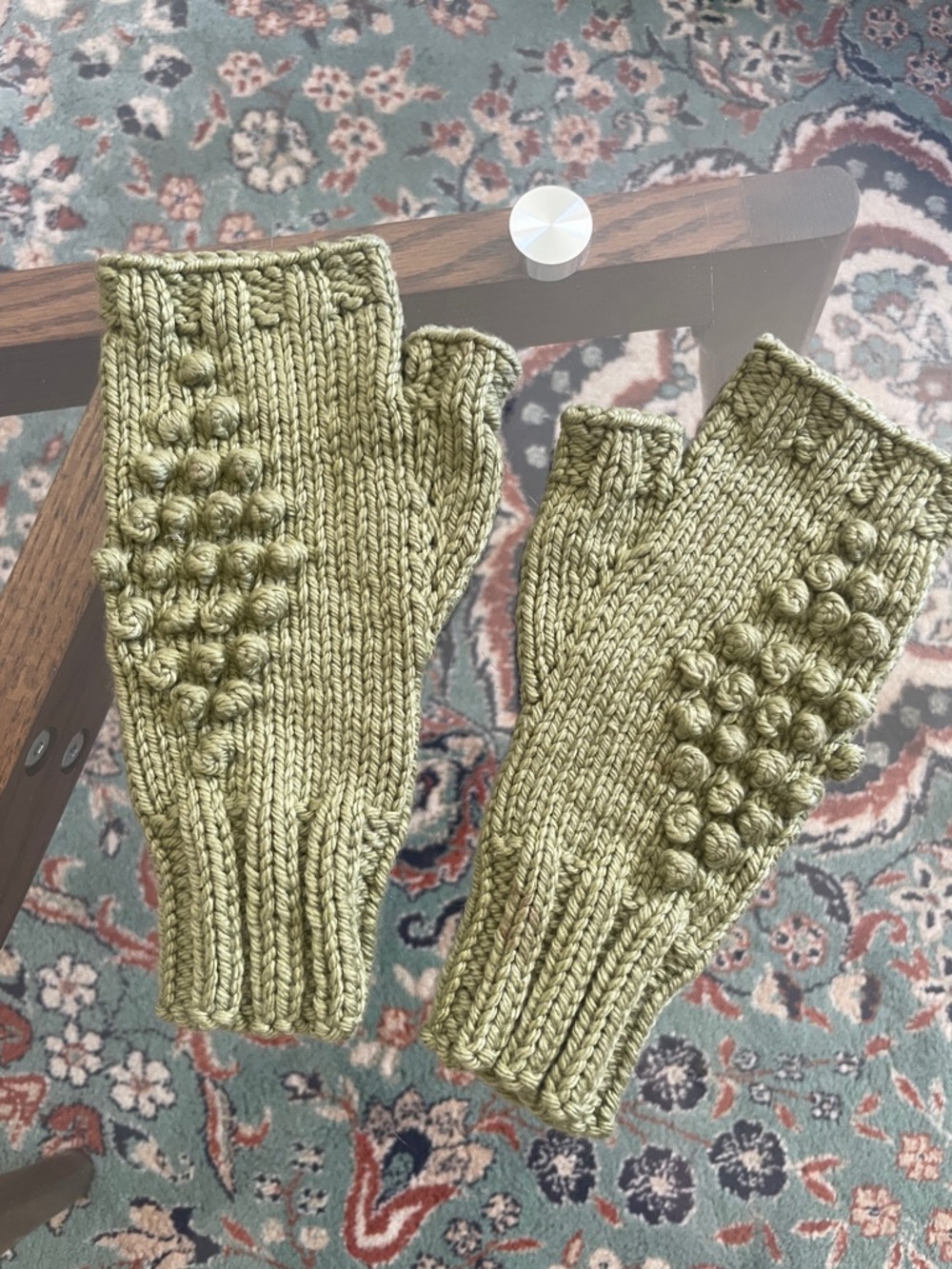Handknit Olive Green Fingerless Mitts with Bobble Detail